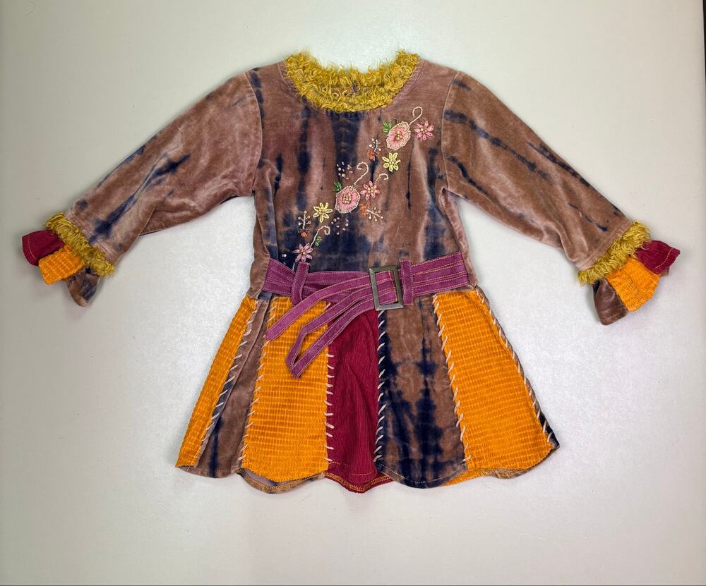 Beetlejuice Girls Size 2T Boho Patchwork Velour Embroidered Belted Dress